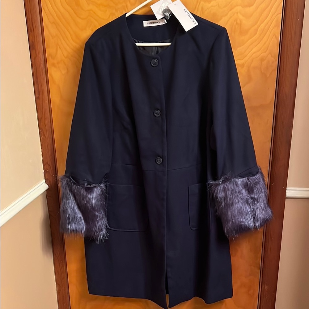 NWT JustFabulous  Just Fabulous Navy Blue Lined Coat with Faux Fur Cuffs Size 1X